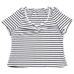 SHEIN Curve Women's Plus‎ Size 1XL Black and White Striped Ruched V Neck T-Shirt